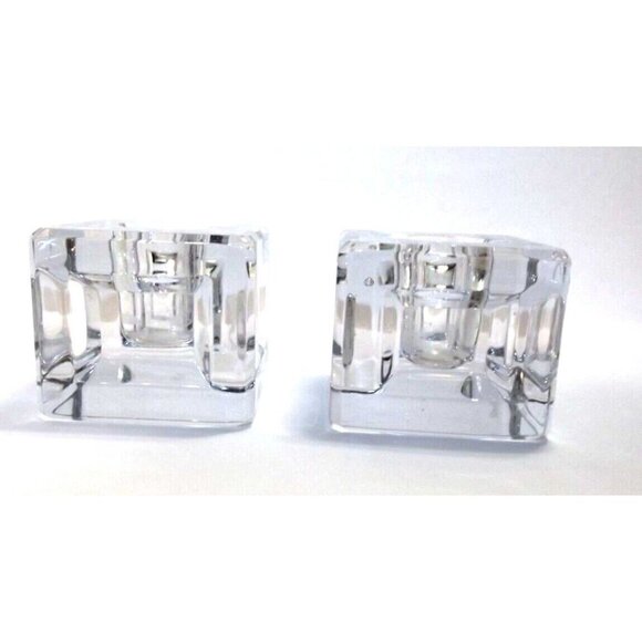 2 Vintage Clear Glass Solid Block Taper Candle Holders Indented Sides Unsigned - Picture 3 of 6